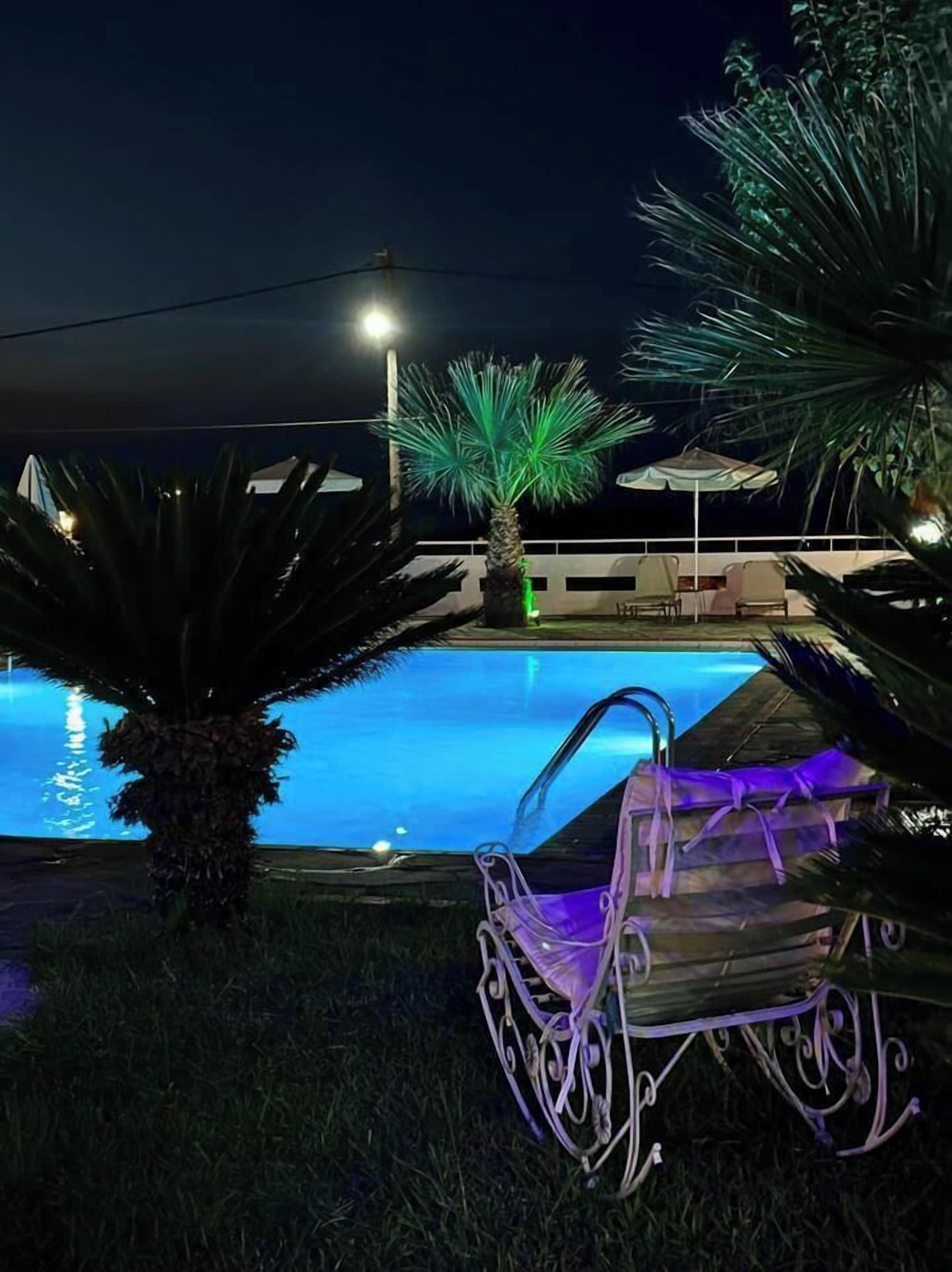 Zona de piscina nocturna con vista despejada al agua, una palmera y una silla iluminada con luz púrpura.