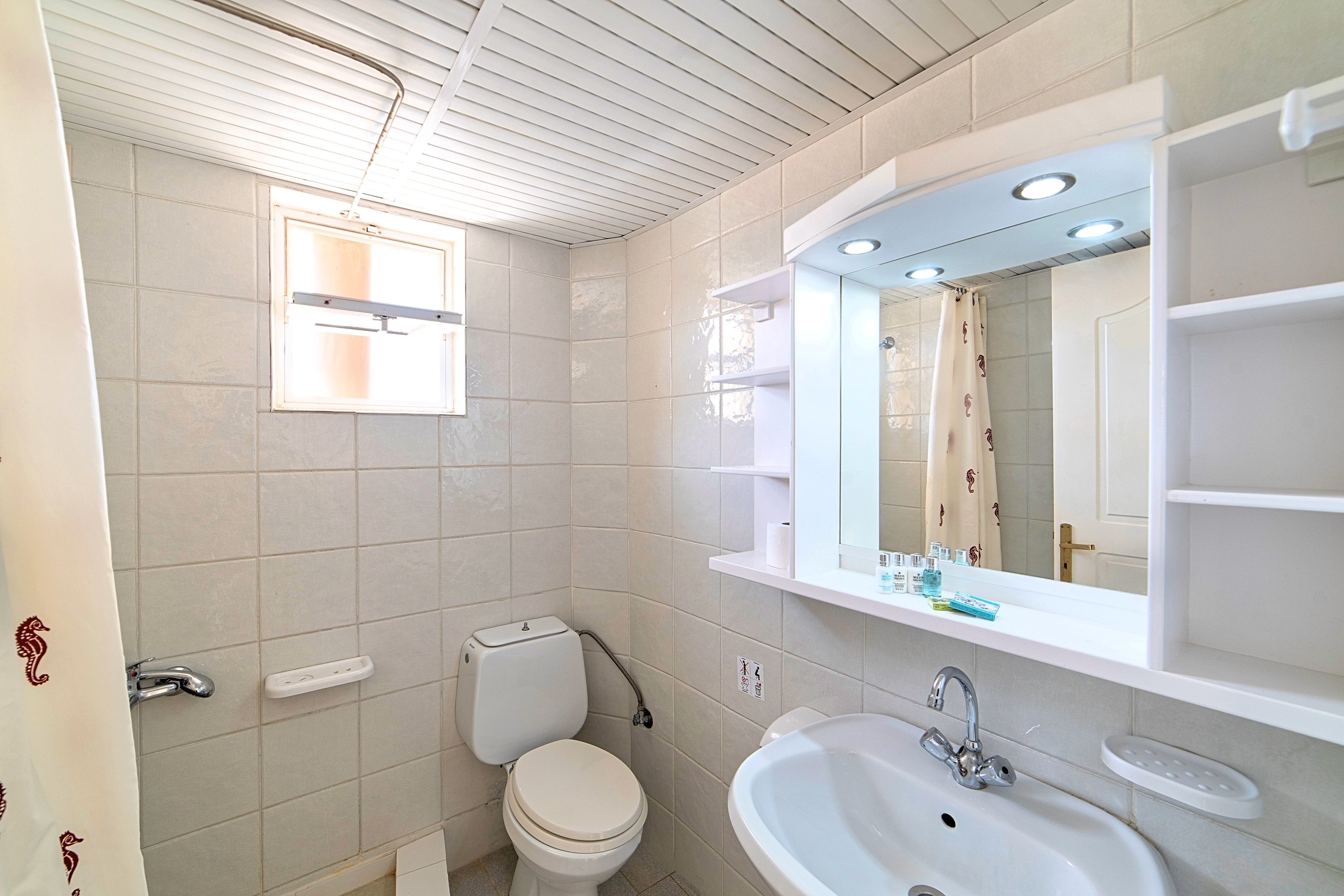 A bathroom with a toilet, sink, mirror, and a window.