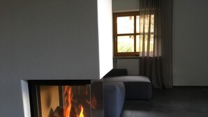 Una sala de estar moderna con chimenea empotrada, un sofá y un amplio ventanal con cortinas.