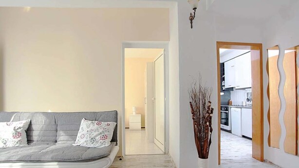 A modern living room with a grey sofa, a white vase with branches, and a kitchen visible through an open door. - Raya Maisonette (Sofia)