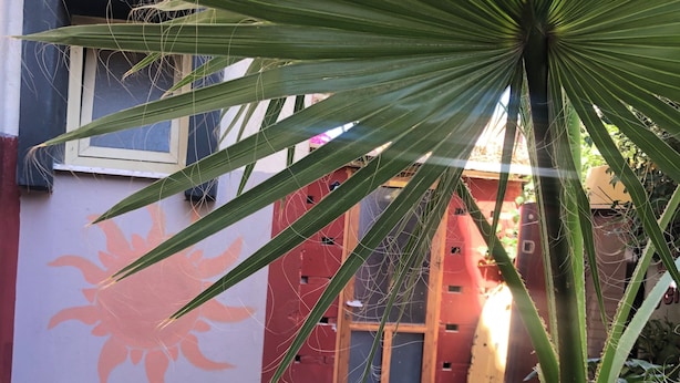 Un edificio con fachada roja y blanca, una ventana y un camino de ladrillo.