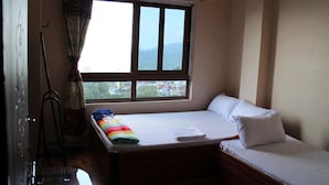 A small room with a single bed, a window with curtains, and a view of a cityscape. - Natures Treat Homestay (Tansen)