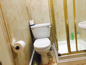 A bathroom with a toilet, a roll of toilet paper, a shower area with a glass door, and a green bottle on the floor. - Brentwood Villa Bed and Breakfast (Aberdeen)