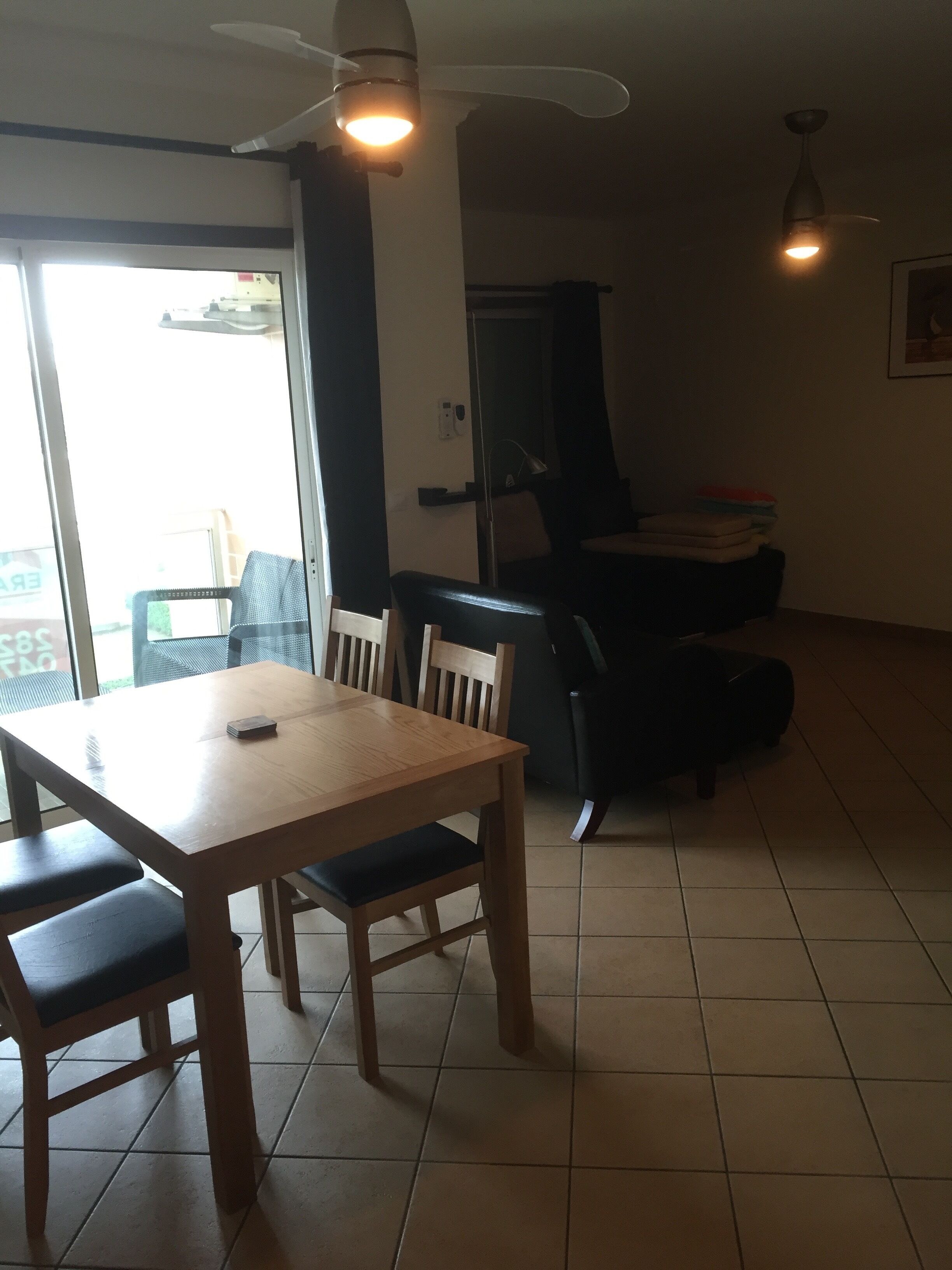 A dining area with a wooden table and chairs, a ceiling fan, and a view through a glass door.