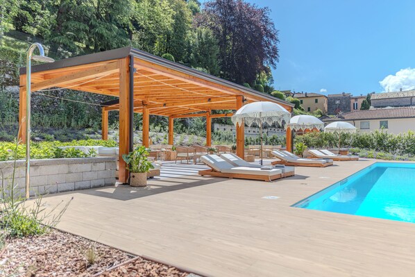 Seasonal outdoor pool, pool umbrellas, pool loungers