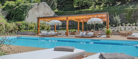 Seasonal outdoor pool, pool umbrellas, pool loungers