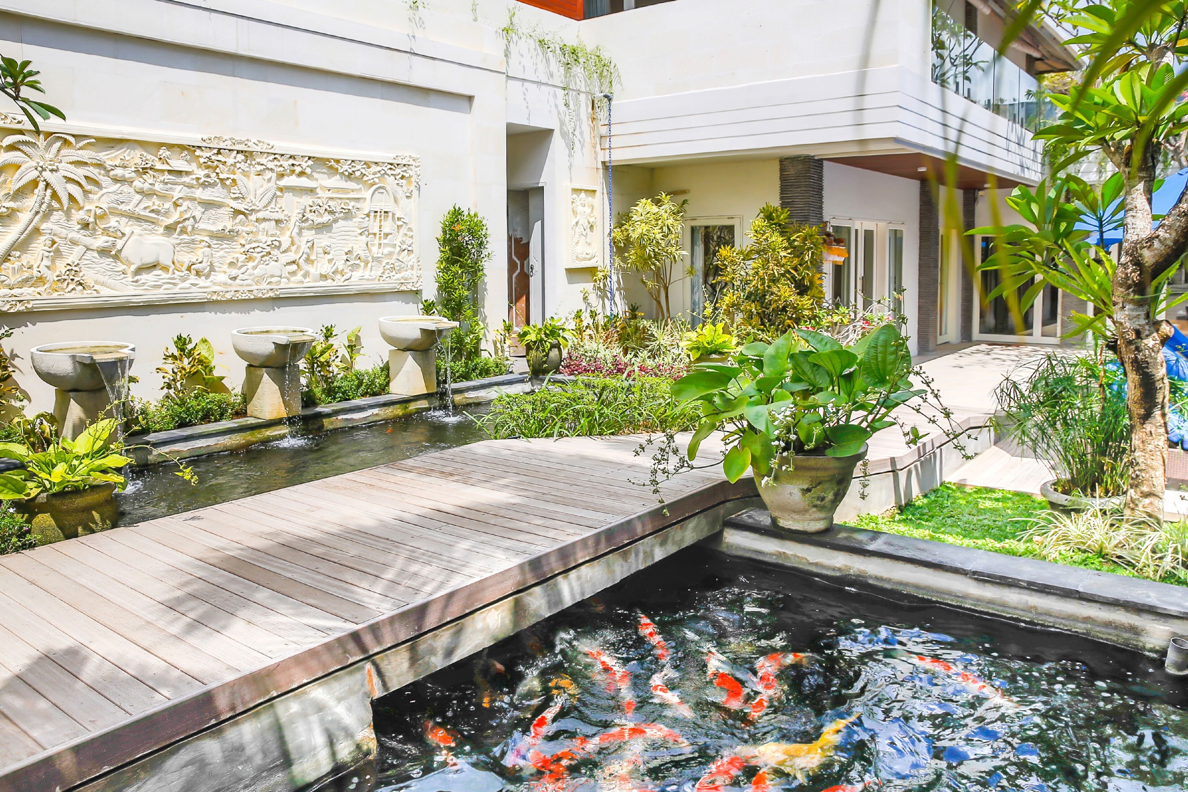 Un bassin à carpes koï avec une terrasse en bois, entouré d’une végétation luxuriante et agrémenté d’un mur décoratif.