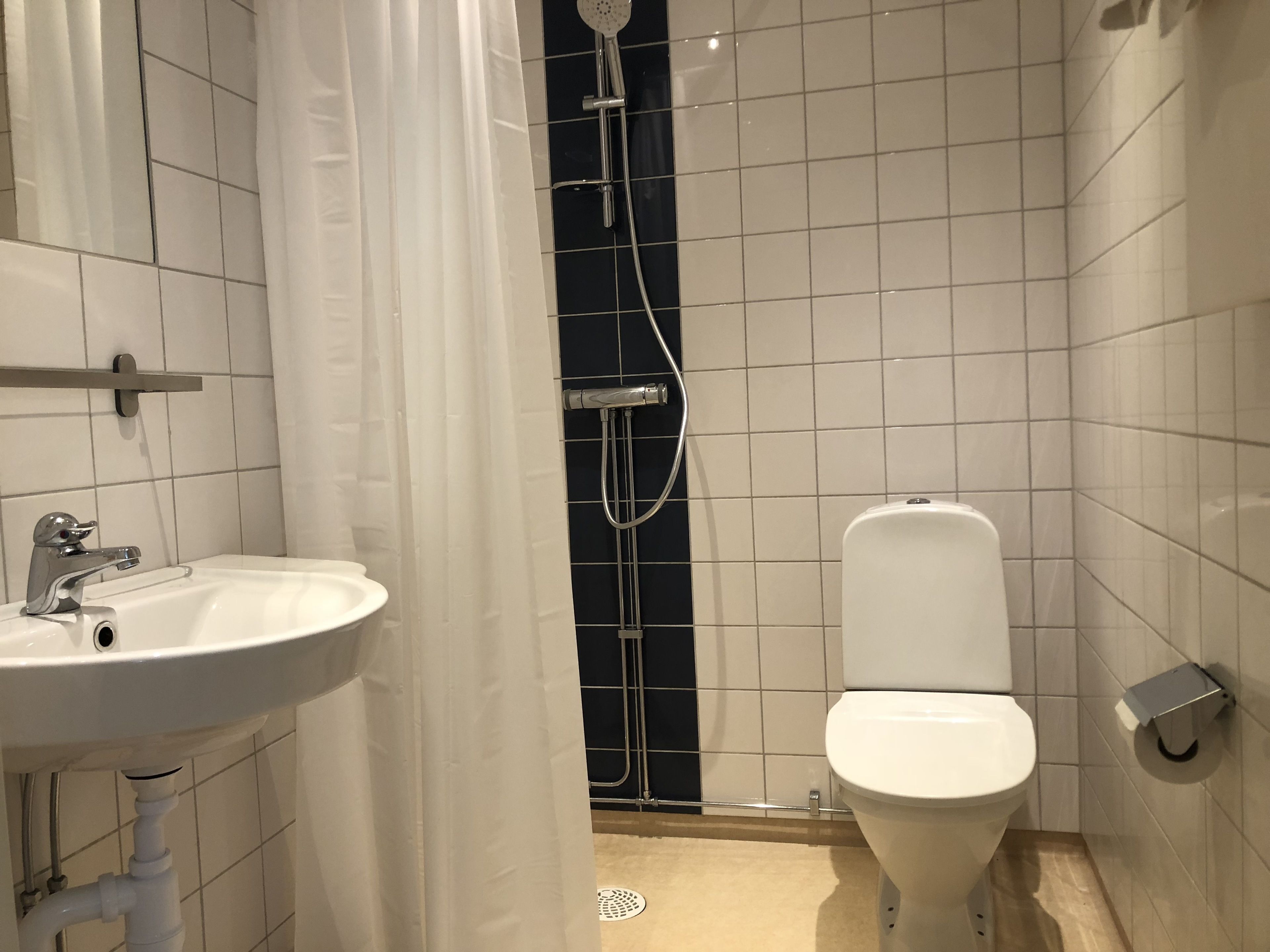 A bathroom with a white sink, a toilet, and a shower area.