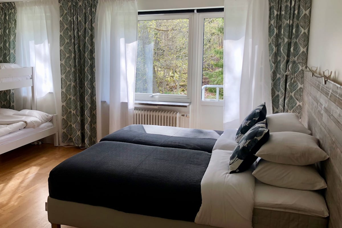 A bedroom with a bunk bed, a single bed, and a window with a view of trees.