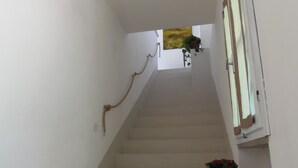 Un escalier avec une rampe, une plante en pot et une fenêtre avec des rideaux.