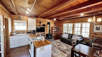Smart TV, fireplace, DVD player, books