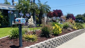 A residential garden with a mailbox, various plants, and a stone border along the sidewalk. - Quaint and Charming 2 bd, 1 bath,  Central Location, easily accessible! (San Diego)