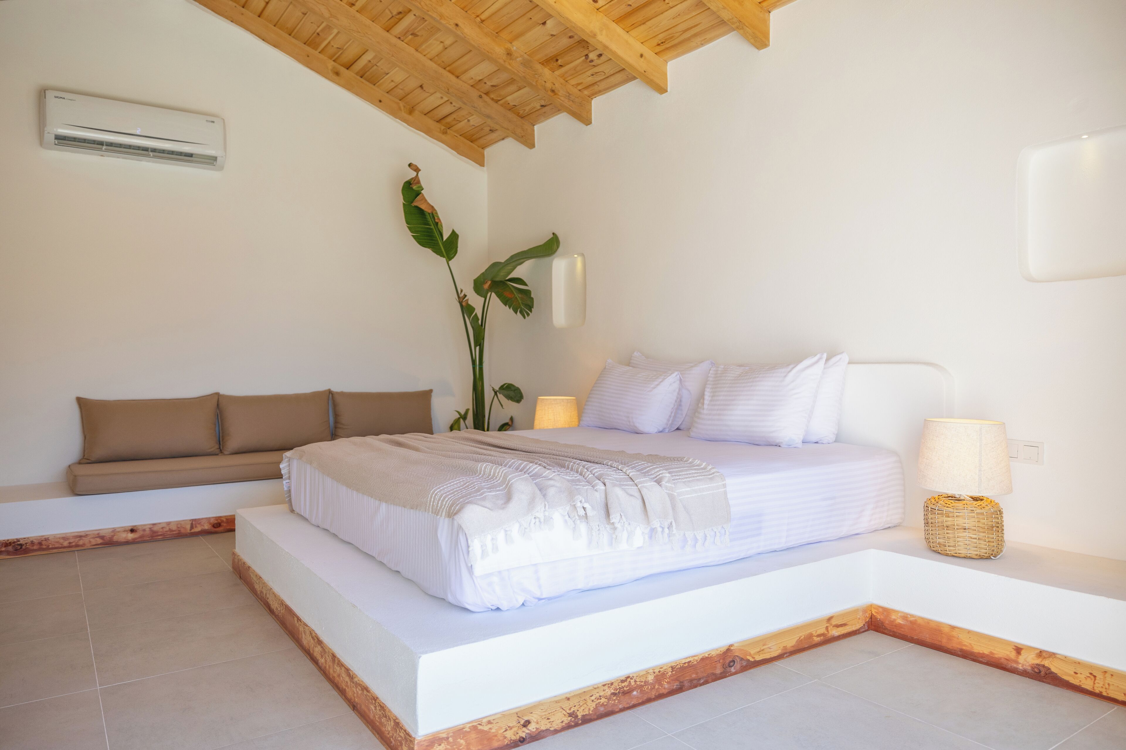 A bedroom with a bed, a sofa, a lamp, and a plant.
