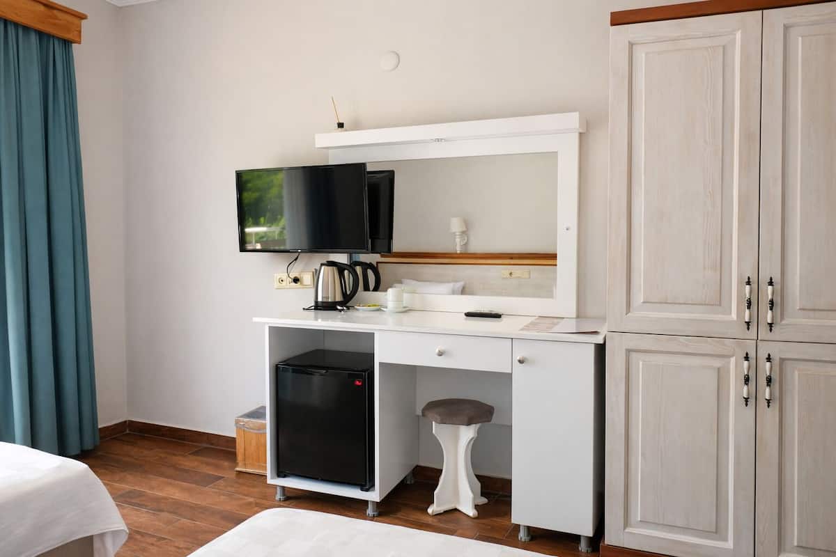 Habitación de hotel con cama, escritorio con televisor, cafetera, refrigerador pequeño y armario.