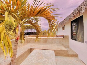 A modern outdoor patio with a concrete floor, a palm tree, and a thatched-roof building. - Outsite Todos Santos – Formerly Perro Surfero Hotel Boutique (Todos Santos)