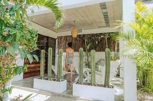 Un espacio al aire libre cubierto con cactus en macetas, una persona caminando y la entrada de un edificio moderno.