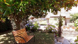 Un banco de madera bajo un árbol en un jardín con plantas y flores en macetas.