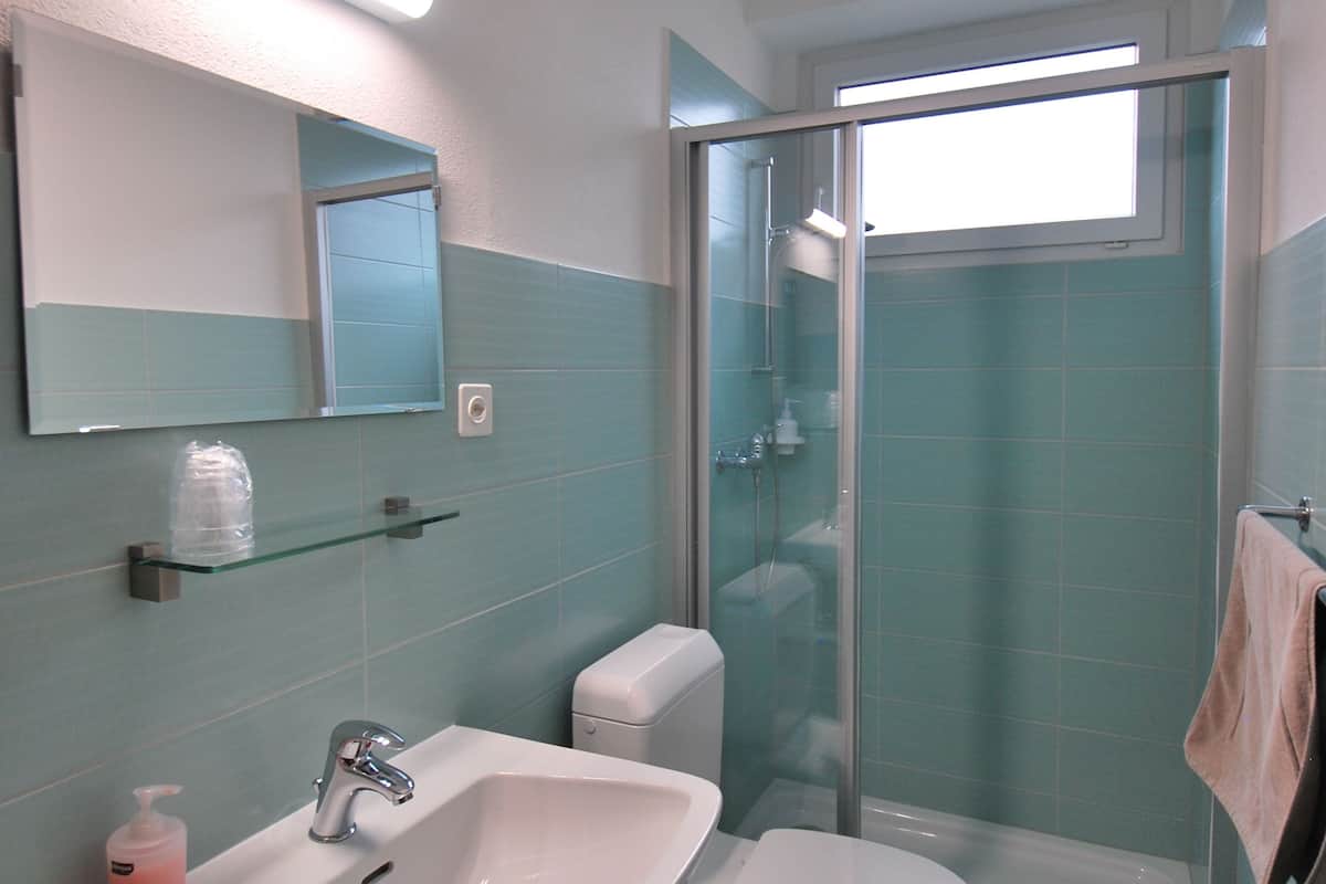 A bathroom with a sink, toilet, and glass-enclosed shower.
