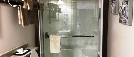 A modern bathroom with a glass shower enclosure, a toilet, and a sink.