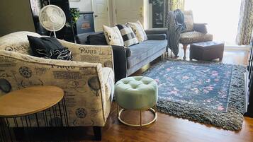 Smart TV, fireplace, books