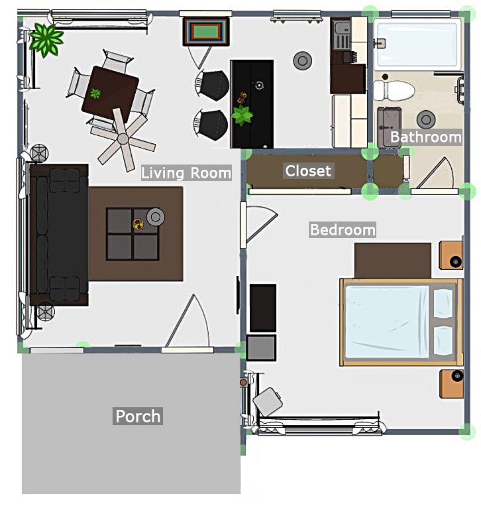A floor plan of a hotel room with a living room, closet, bedroom, and porch.