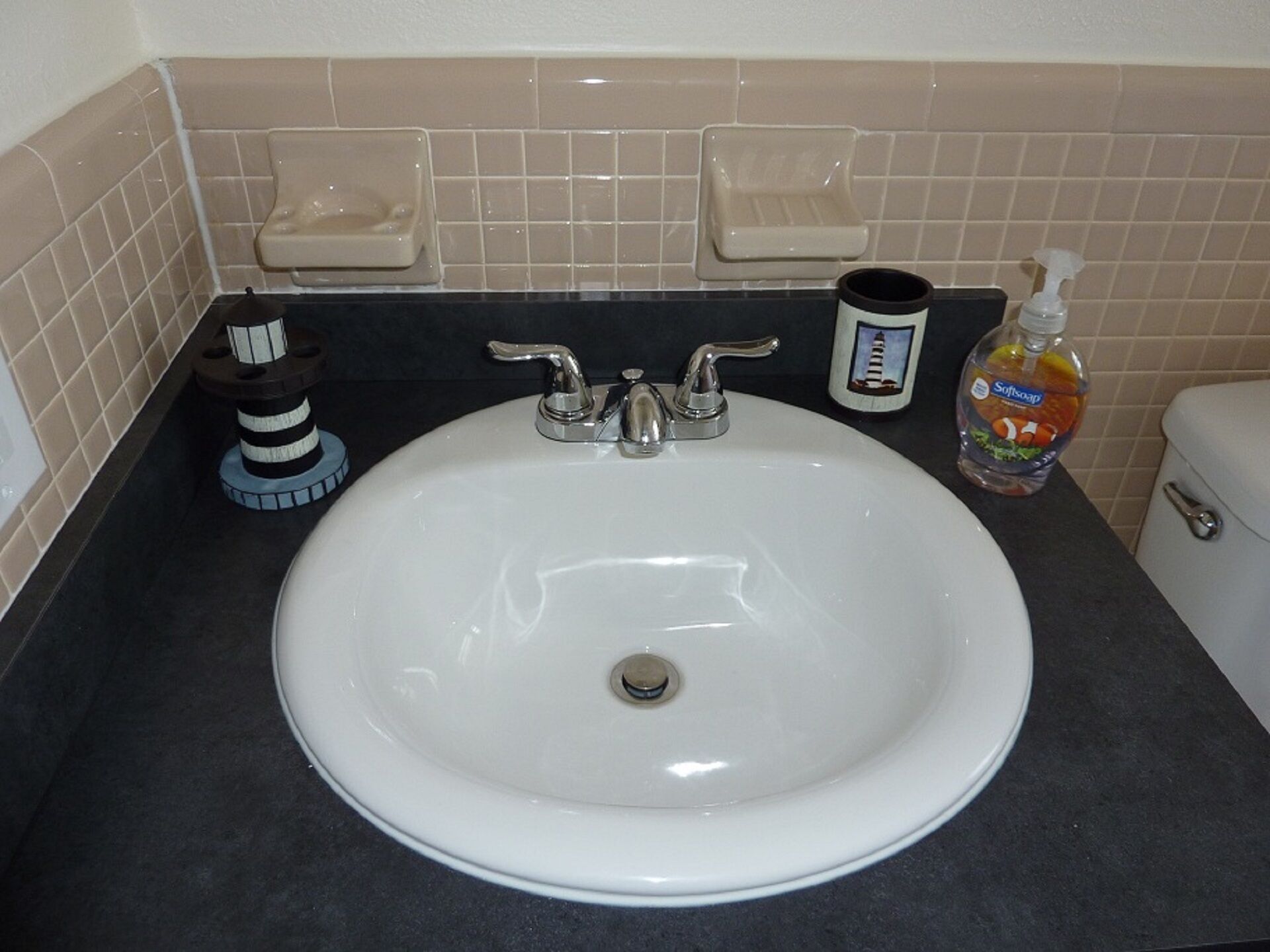A white sink with two faucets, a soap dispenser, and a bottle of hand soap on a dark countertop.