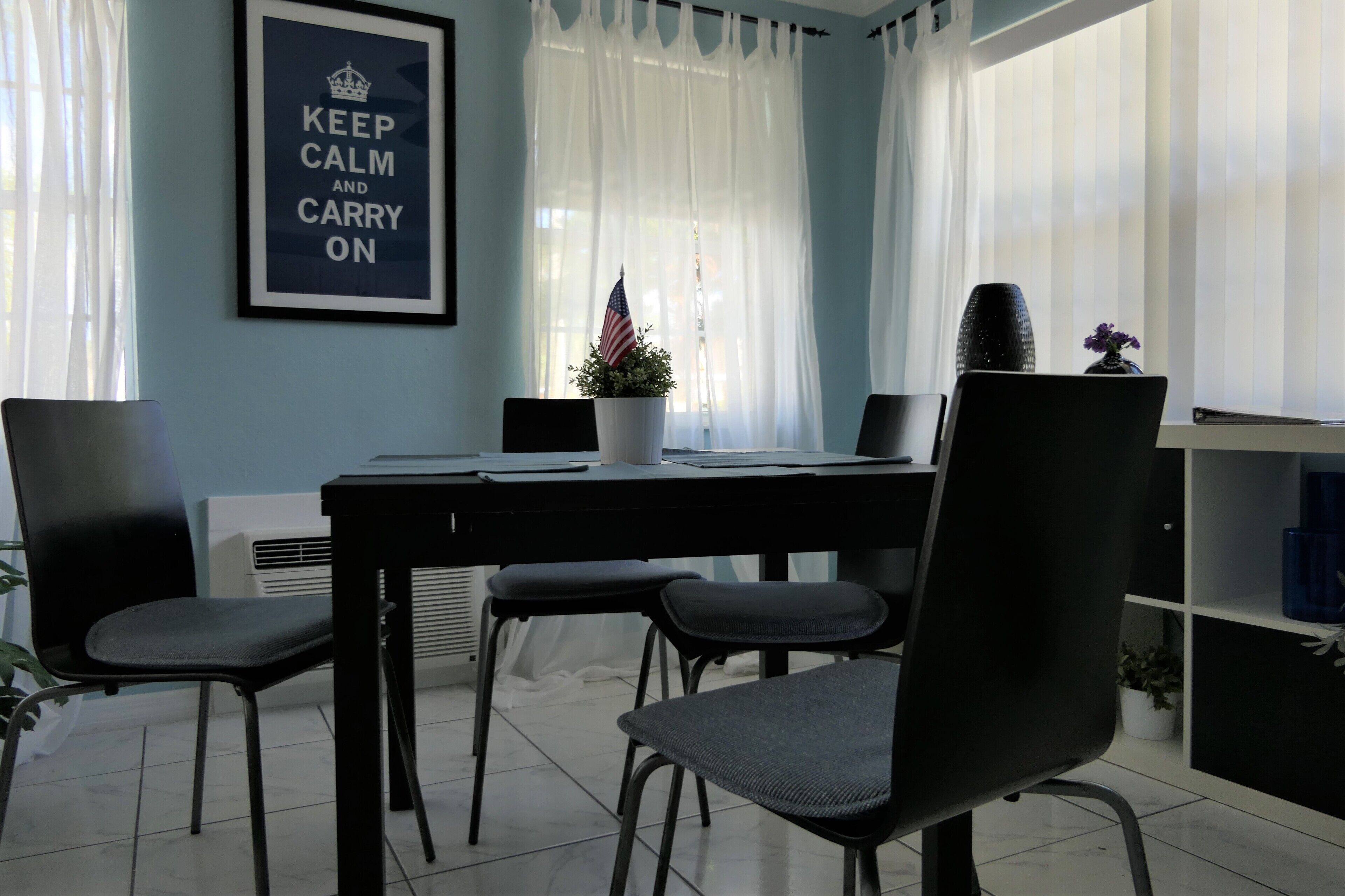 Un espace repas comprenant une table, des chaises, un panneau encadré, un drapeau américain et une plante en pot.