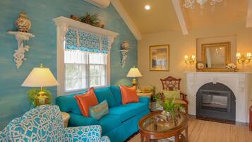 Smart TV, fireplace, DVD player, books