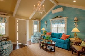 TV connectée, cheminée, lecteur de DVD, livres