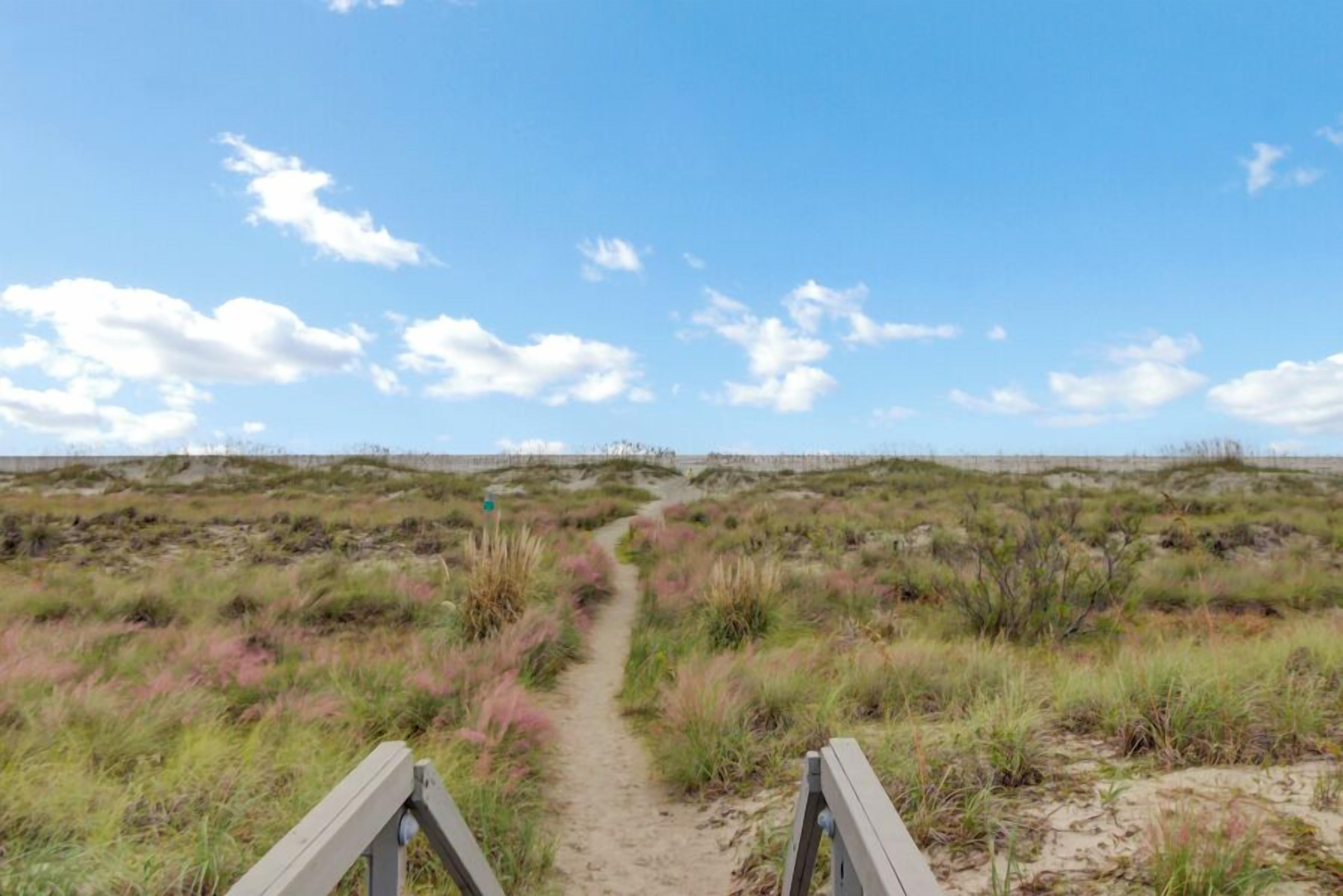 A sandy path leading through a grassy area with a wooden boardwalk at the end.