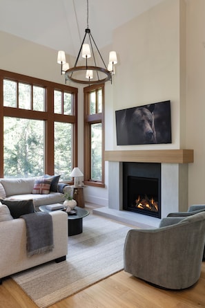Smart TV, chimenea, reproductor de DVD y estéreo 