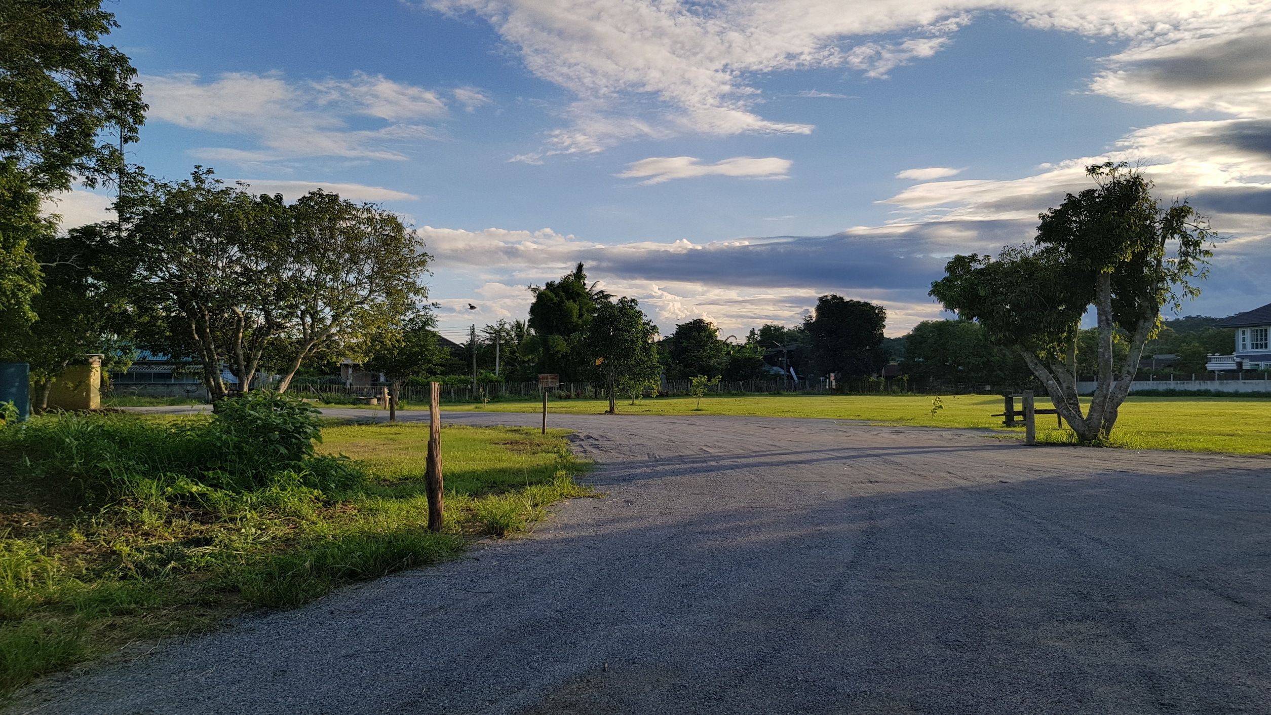 A gravel road leading to a grassy area with trees and a fence.