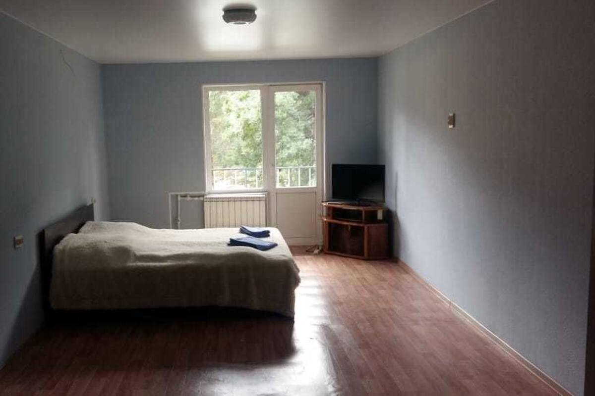 Une chambre à coucher avec un lit, un radiateur, une télévision et une fenêtre donnant sur un paysage verdoyant.