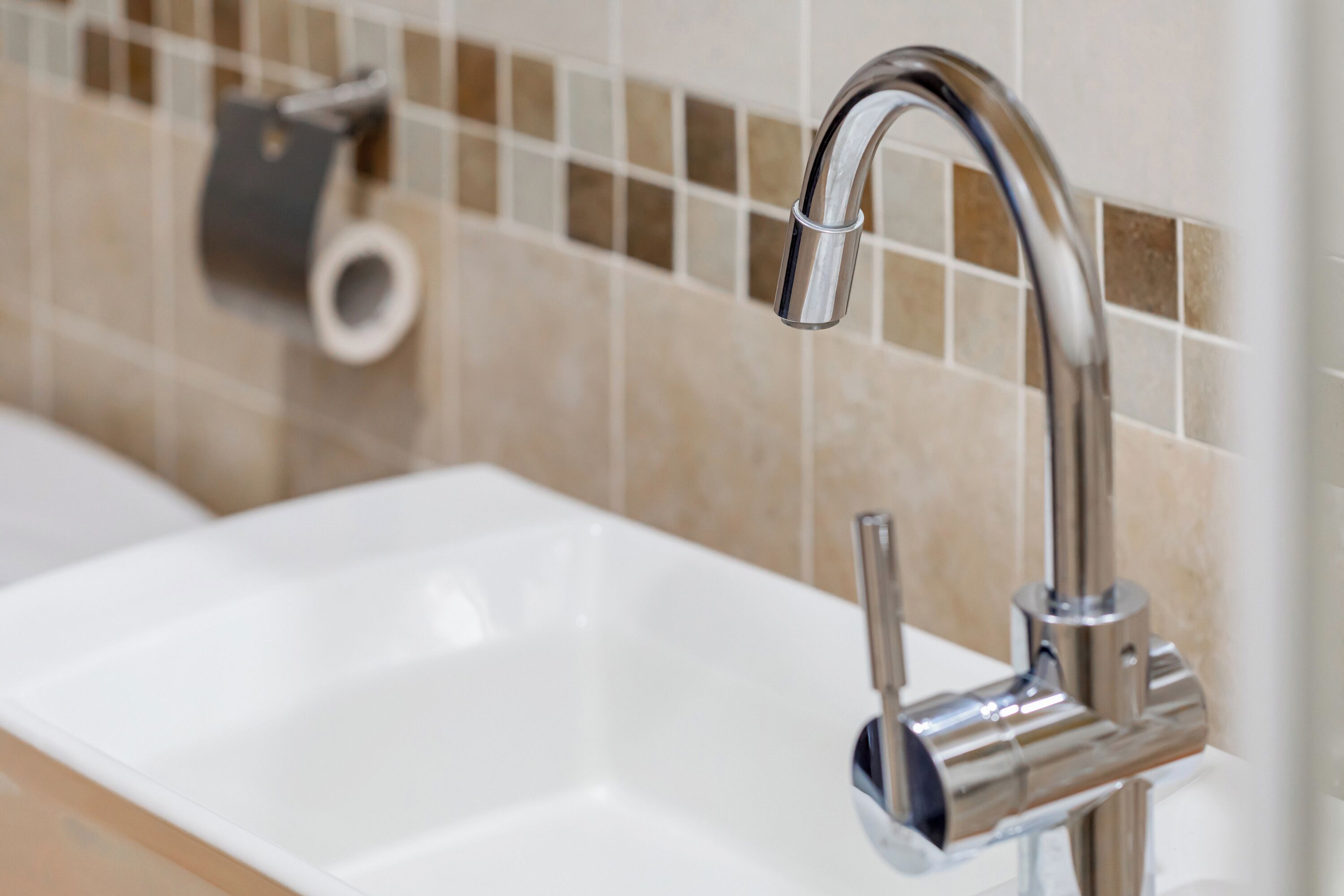 Un lavabo de salle de bain avec un robinet chromé et un porte-rouleau de papier toilette fixé au mur.