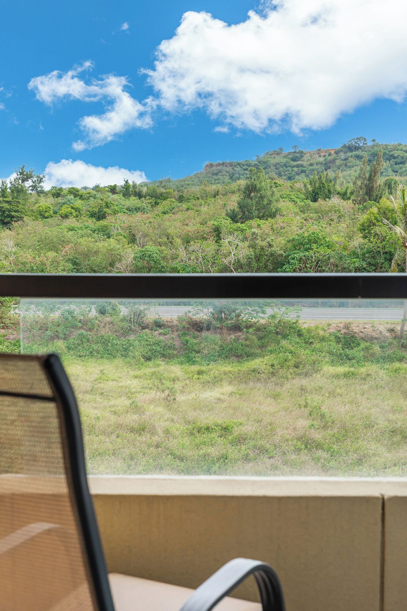 A view from a window with a chair in the foreground, overlooking a grassy area with trees and a hill in the background.