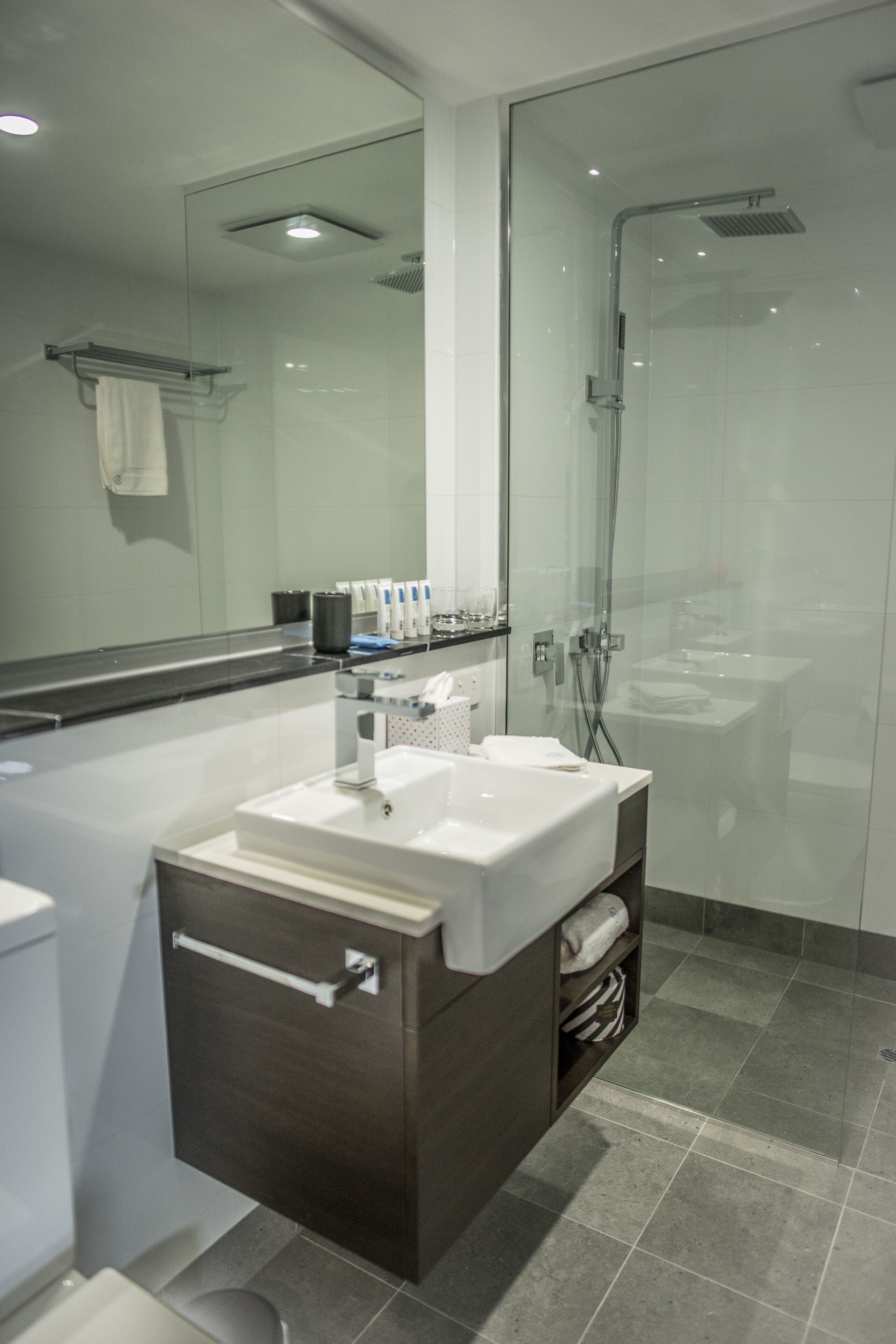 shower, rainfall showerhead, free toiletries, hair dryer