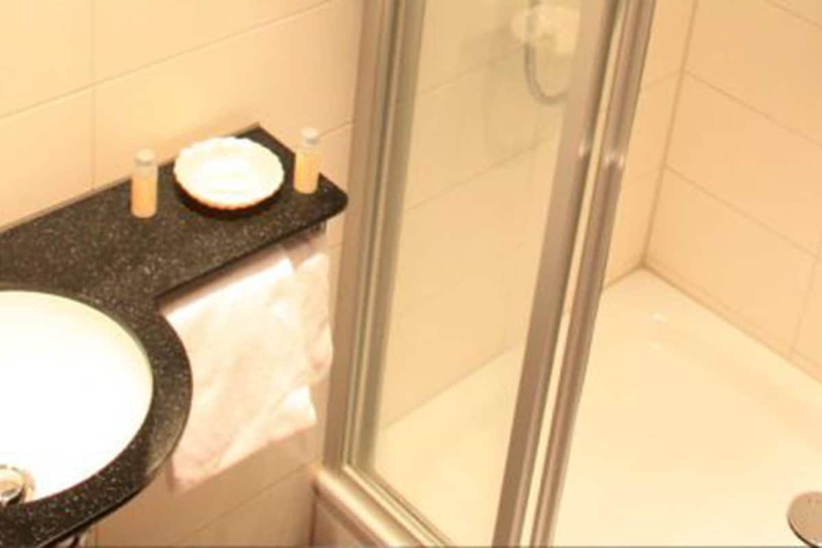 A bathroom with a sink, a mirror, and a shower area.