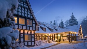 Un bâtiment traditionnel à colombages, avec un toit enneigé et des guirlandes lumineuses festives.
