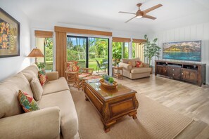 Flat-screen TV, DVD player, stereo