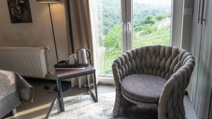 Een kamer met uitzicht op een groen landschap, een stoel, een tafel met waterkoker en een lamp.