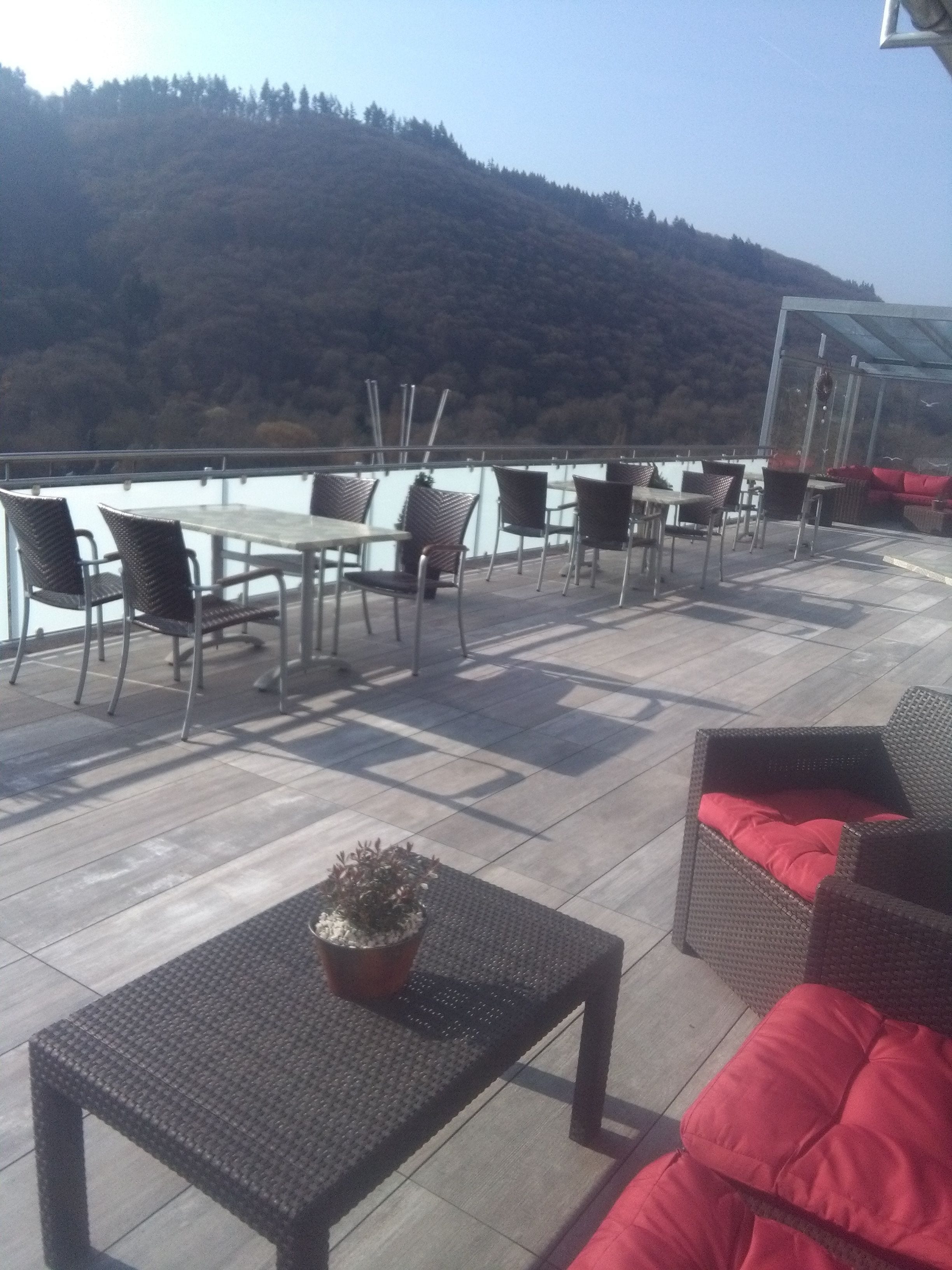 Un patio al aire libre con mobiliario de mimbre, una pequeña mesa con una planta en maceta y vistas a un lago y colinas boscosas.