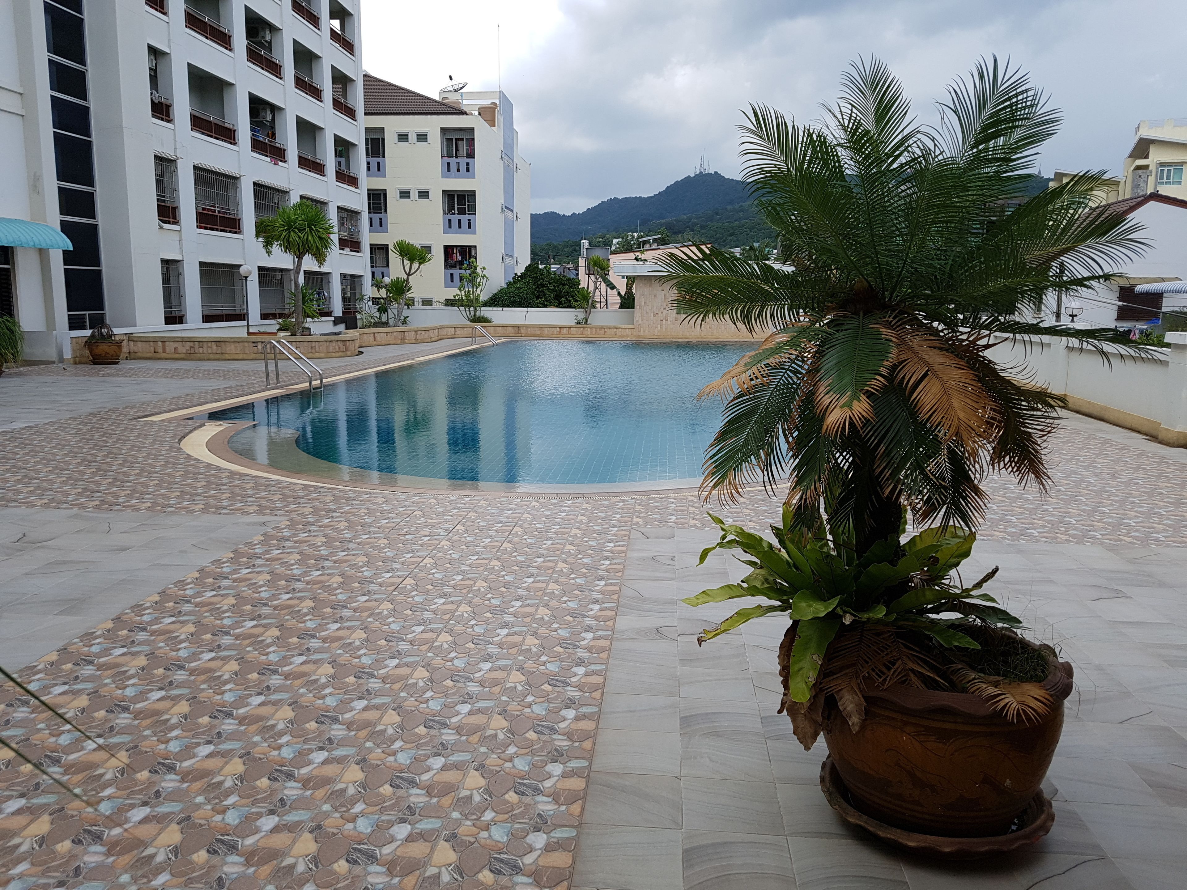 A swimming pool with a tiled deck, surrounded by potted plants and a building with multiple balconies.
