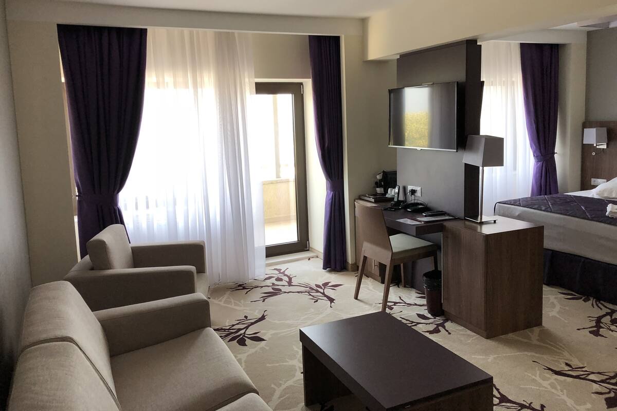 Una habitació d'hotel amb un sofà, un escriptori amb un ordinador, una televisió i un llit.