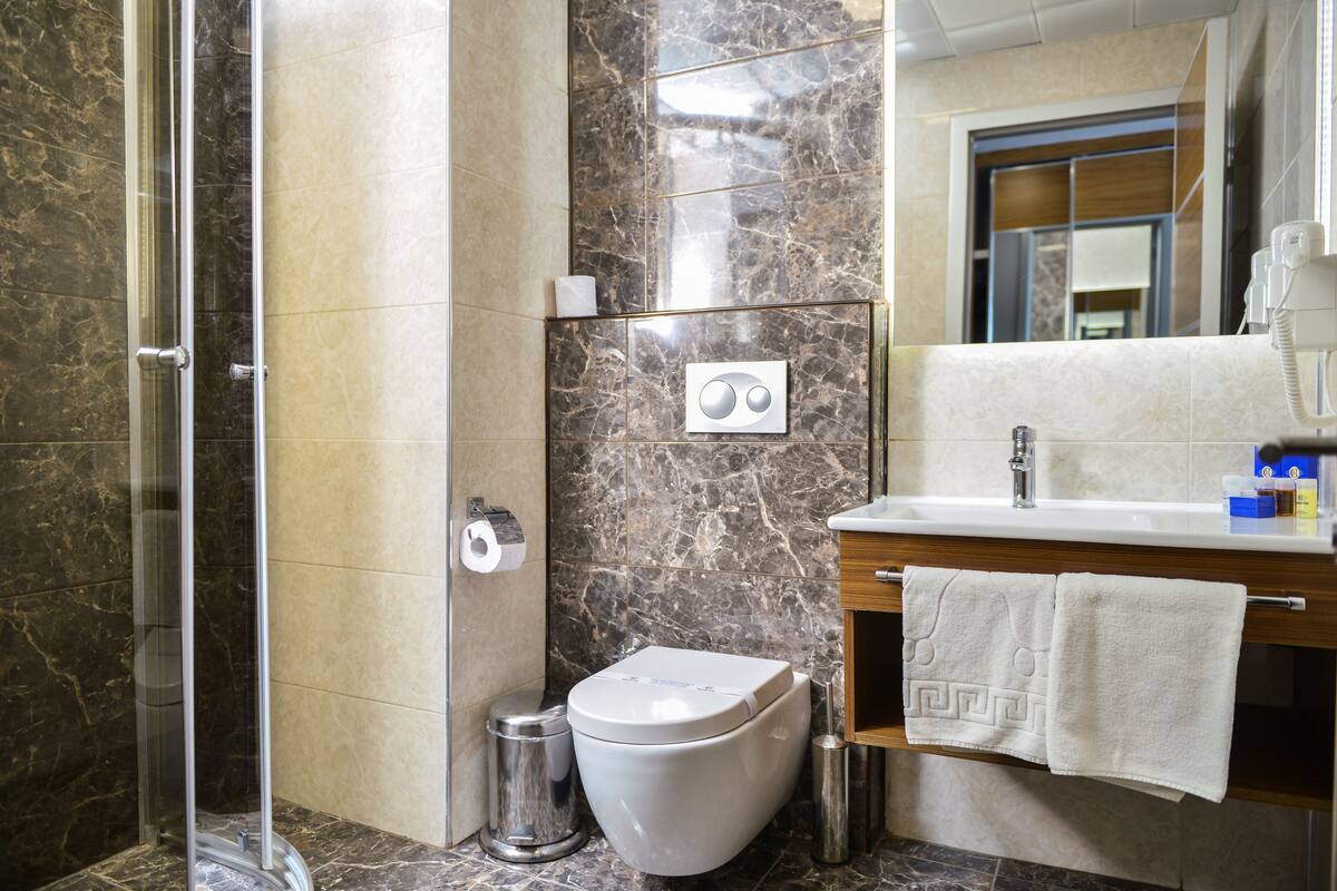 shower, free toiletries, hair dryer, slippers