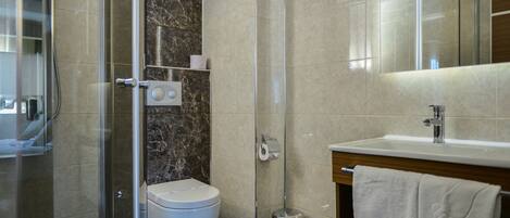 Un baño moderno con ducha envuelta en vidrio, un inodoro y un lavabo con espejo.
