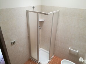 Une douche avec une porte en verre, des toilettes blanches et une barre d’appui.