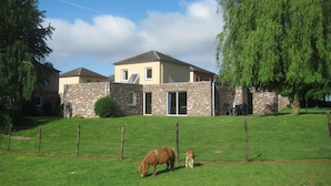 Ein zweistöckiges Haus mit einer Stein-Fassade und einem Flachdach.