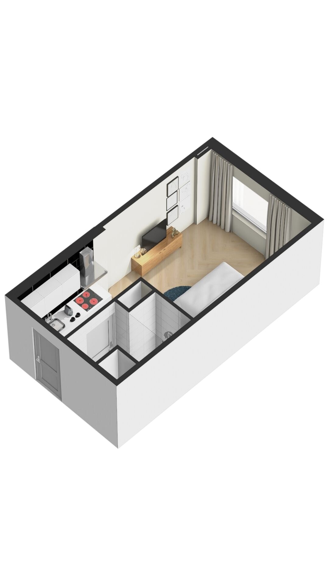 Een driedimensionale plattegrond van een modern appartement met een keuken, een eethoek en een woonkamer met een bank en een televisie.
