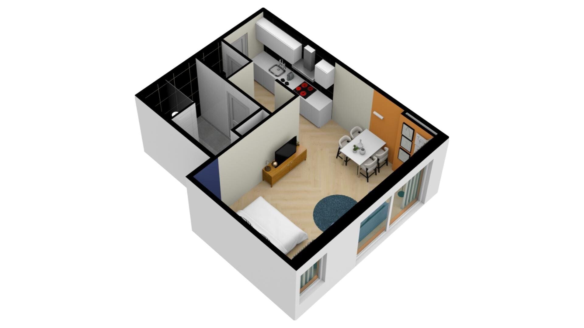 Ein 3D-Grundriss einer modernen Wohnung mit Küche, Essbereich, Wohnzimmer und Schlafzimmer.
