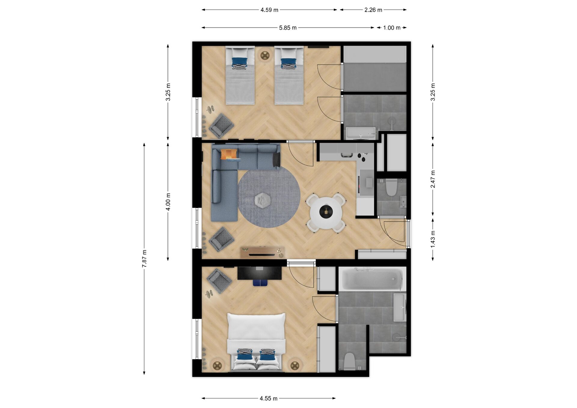 A 2-bedroom apartment layout with a living room, dining area, kitchen, and bathroom.